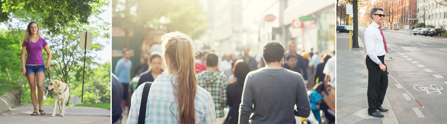Three images, left to right. 1. Woman walking along sidewalk with guide dog. 2. Crowd of people walking along city sidewalk. 3. Male pedestrian with white cane standing at curb edge.