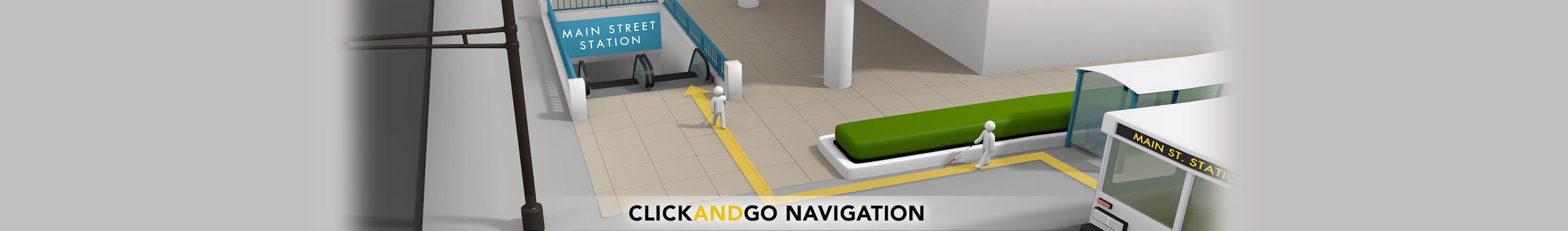 Graphic illustration showing blind pedestrian traveling with support of narrative directions from a bus stop to a nearby subway entrance.